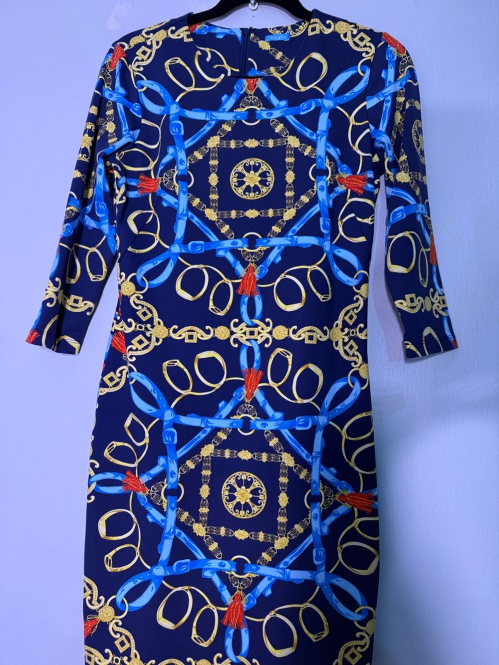 J.McLaughlin Navy Chain-Print Sheath Dress with Blue & Gold Accents small - Picture 2 of 6
